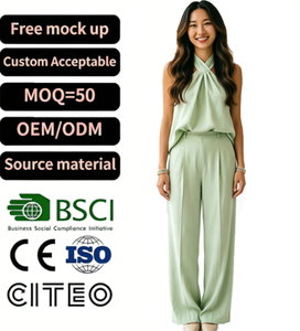 Conjunto de Top Halter sin Mangas Verde Claro y Pantalones Anchos de Cintura Alta para Mujer, Atuendo de Dos Piezas Casual y Chic para Verano - Product Image 1