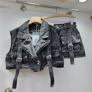 Mode rétro rose grandes poches Denim costume printemps été sans manches gilet court taille haute hanche enveloppé jupe femmes 2 pièces ensembles - Product Image 2