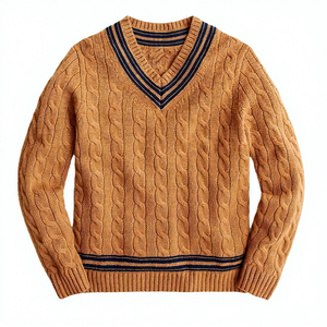 Pull en maille torsadée crème pour homme, col en V, bordure rayée, collection automne 2027 - Product Image 5