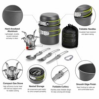 Ensemble de cuisine de camping en aluminium anodisé rigide OEM personnalisé pour 1-2 personnes avec réchaud à gaz, couverts pliables, pot et bol pour la randonnée et les pique-niques