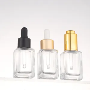 Empty 30ml Clear Square Glass Face Rubber Squeeze Essential Oil Serum Dropper Bottle For Cosmetic With Pipette