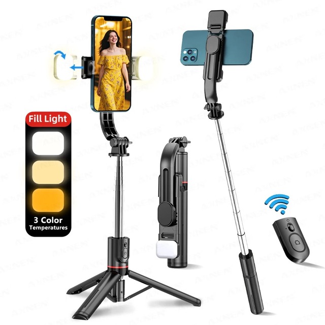 Stainless Steel for Selfie Stick Tripod with Fill Light Remote Control Foldable Design for iPhone 14/13 Smartphone