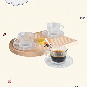 Juego de Taza y Plato de Vidrio con Rayas en Relieve, Taza de Alta Calidad para Beber Leche o Latte, Apta para Lavavajillas, Ecológica - Product Image 1