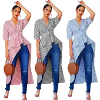 Clothing Vendor Stock offer hot style blue and white stripes half sleeves casual tops blouse and skirt FM-J6073