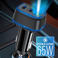 Pengisi daya ponsel tiga Port, pengisi daya ponsel daya tinggi 65W dengan 2 CIP cerdas & LED, adaptor tiga Port PD QC 3 Port