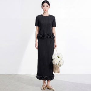 Women's Sleeveless Pleated Long <b>Dress</b> Suit With <b>Ruffles</b> Crew Neck Short Sleeve Elegant Spring Summer Full Length Regular Fit - Product Image 4