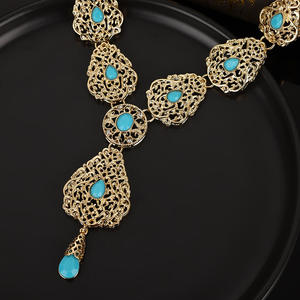 ชุดเครื่องประดับเจ้าสาวแบบอาหรับสำหรับผู้หญิง ประกอบด้วยสร้อยคอและต่างหูทรงหยดน้ำชุบทองสีเทอร์ควอยซ์สไตล์วินเทจปี 2025 - Product Image 2