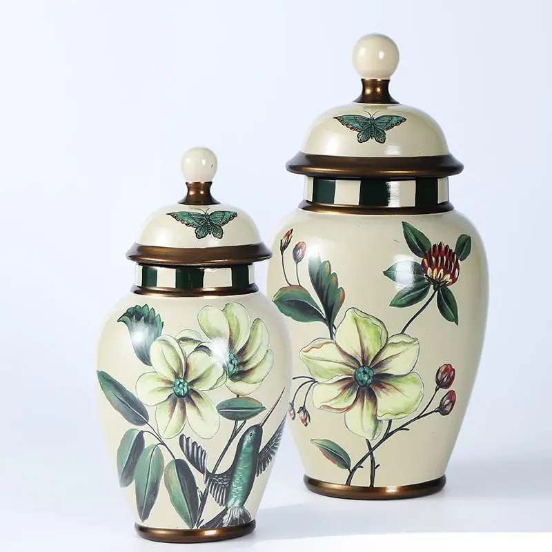 アジアスタイルのヴィンテージ家の装飾花瓶ふた付き花の絵デスクトップ磁器ジンジャー
