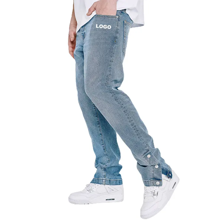 OEM özel logo ışığı kot pantolon yan düğme sıska flare erkek denim yığılmış kot