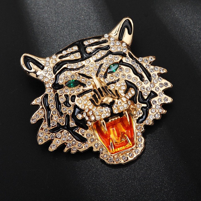 Punk Rock Tiger Brooch Pin with Vibrant Green Eye Crystal & Rhinestone Zinc Alloy Antique Design Unisex Jewelry Accessory