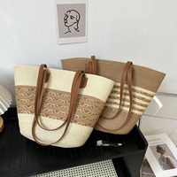 Grand sac fourre-tout en polyester à rayures pour l'été, sac à main en paille pour femme, sac à bandoulière en paille avec poignée, poignée en PU écologique