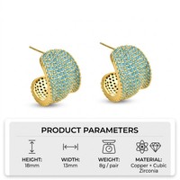 Élégantes Boucles d'Oreilles Créoles Huggie Larges Bohème d'Été en Laiton Plaqué Or Turquoise, Entièrement Pavées de Pierres CZ Bleues Courbées en C, Bijoux d'Été, Cadeaux