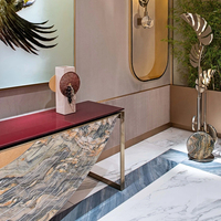 Table console moderne avec base en pierre semi-circulaire et plateau laqué pour hall d'entrée, couloir, appartement, villa, hôtel