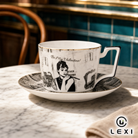 Tasse et soucoupe en céramique « Be My Valentine » – Motif esquisse noir et gris, bord doré – Style vintage – Vente en gros – Décoration pour la maison, le bureau, la cuisine, le café, le bar, la table – Idée cadeau