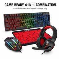 Pack de jeu filaire TF800 comprenant un kit 4 pièces avec clavier LED, souris RGB, grand tapis de souris et casque supra-auriculaire