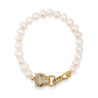 Bracelet Gemnel Hip Hop en laiton plaqué or 18 carats avec perle d'eau douce et fermoir tête de léopard/panthère serti de pierres pour hommes et femmes