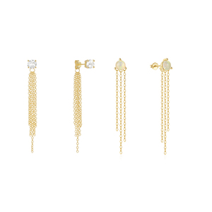 S925 Sterling <b>Silver</b> Opal CZ Tassel <b>Chain</b> Stud <b>Earrings</b>, Gold Plated Boho Dangle <b>Earrings</b> - Product Image 1