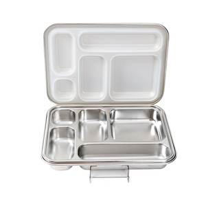 304 Stainless Steel <b>Lunch</b> <b>Box</b> Five Compartment With Lid Rectangle Solid Color Anti Odor Food Storage Container - Product Image 2