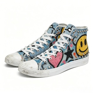 Baskets montantes en jean vieilli personnalisées avec imprimé personnage pop et clous <span class=keywords><strong>argent</strong></span>és, style punk urbain, pour hommes et femmes, en toile - Product Image 3