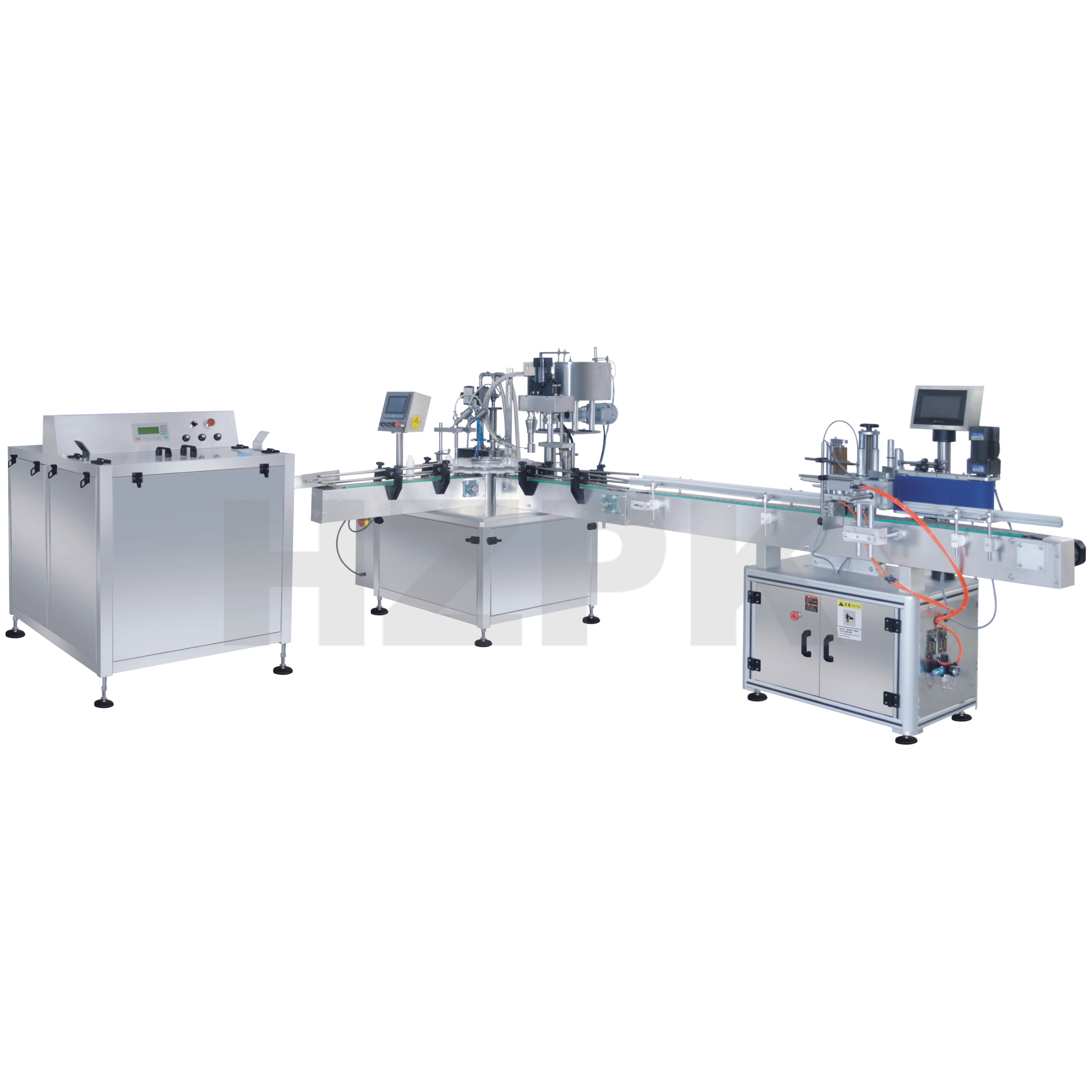 Auto Bottle Turntable + Auto Liquid Filling Capping Machine + Auto Round Labeling Machine Automatic Packaging Line Electric HZPK