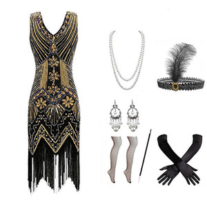 Robe Gatsby des années 1920, col en V, ornée de perles, de paillettes et de franges, taille empire, robe de soirée, style vintage, tailles S-4XL - Product Image 3