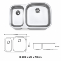 Évier de cuisine domestique OEM en acier inoxydable 304 brossé, sans robinet, double bac décalé, à encastrer sous plan