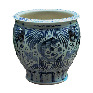 Pots en porcelaine bleu et blanc Antique RZFH01-B poisson motif algues tête de Lion poignée grands Pots en céramique jardinière - Product Image 1