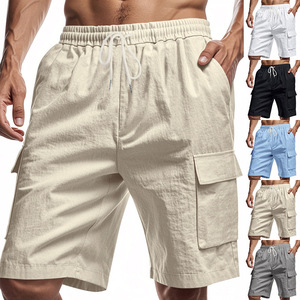 Pantalones Cortos Cargo de Lino para Hombre, Cintura Media, con Cordón, Color Sólido, para Playa, Correr, Uso Casual - Product Image 1