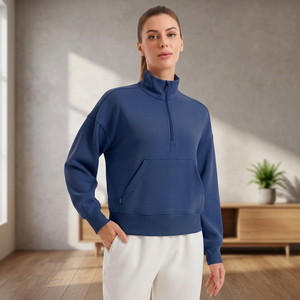 Sweat-shirt pour femme bleu marine à col montant et demi-zip, manches régulières, tricoté, couleur unie, respirant, pour l'automne - Product Image 1