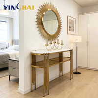 Table console moderne multifonctionnelle avec miroir, structure en acier inoxydable et plateau en marbre pour salon, salle à manger, chambre et entrée