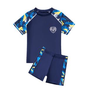 Conjunto de traje de baño para niños, manga corta, secado rápido, para nadar y deportes acuáticos, 10-12 años, conjunto de dos piezas con estampado azul y amarillo - Product Image 1
