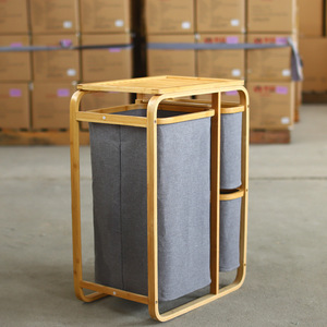 Nordic Bamboo Laundry Basket With <b>Shelf</b> Gray Cotton Fabric Standing <b>Organizer</b> For Home Use - Product Image 2