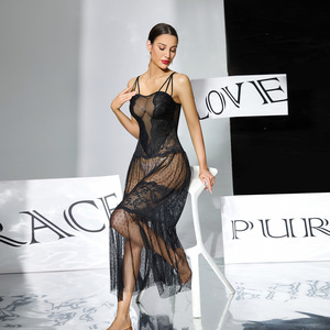 Camicia da Notte di Lusso in Pizzo Nero con Motivo a Pois, Lunga e Trasparente, Sexy per Giovani Donne - Product Image 4