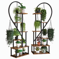 Support à plantes en métal en forme de cœur avec roulettes, étagère à fleurs à 5 niveaux, étagère à plantes mobile pour jardin avec crochets de suspension pour intérieur et extérieur