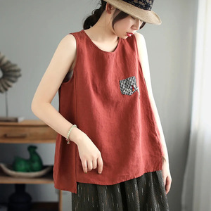 Women's Cotton <b>Linen</b> Sleeveless Tank <b>Top</b> Green Patch Pocket Loose Fit Summer Breathable Woven Casual Outerwear - Product Image 2
