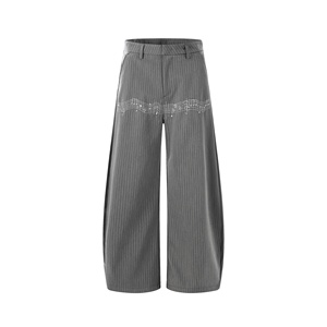 <span class=keywords><strong>กางเกง</strong></span>ทรงโค้งสีเทาสไตล์อเมริกันลำลองแบบยูนิเซ็กซ์ ปักลายโน้ตดนตรี ทรงหลวมขากว้าง - Product Image 5