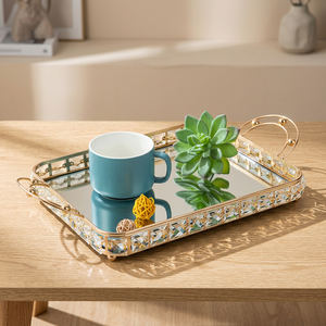 Luxury Gold Metal Classic Rectangle <b>Mirrored</b> Single Compartment Storage <b>Tray</b> with Handles for Tableware and Decorative Use - Product Image 3