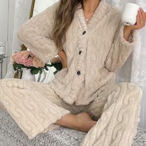 Ausverkauf ODM Winter Neue Coral Fleece Strickjacke Loungewear Damen Fleece-Gefütterte Verdickte V-Ausschnitt Stylische <span class=keywords><strong>Flanell</strong></span> Thermojacke - Product Image 2
