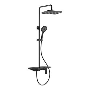 Minimalist Matte <b>Black</b> Wall Mount <b>Shower</b> Set with Rainfall <b>Head</b> and Slide Bar 37.6in Brass Faucet Bathroom Fixture - Product Image 1