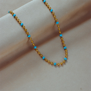 Gold Bead Titanium Steel Turquoise Beaded Chain Necklace Ball Shape Geometric Design Fashion Jewelry Yiwu Origin N1813 - Product Image 2