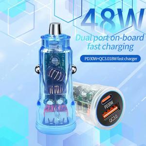 Chargeur de voiture double port 48W, adaptateur universel rapide avec PD 30W+QC3.0 18W pour smartphones et ordinateurs portables, design de boîtier transparent - Product Image 2