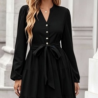 Robe longue trapèze personnalisable, col en V, style vintage, romantique, élégante, décontractée, pour le quotidien, avec boutons, taille naturelle, ceinture à nouer et design superposé