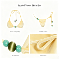 Ensemble bikini en velours OEM, décoré de perles, haut triangle dos nu, bas à nouer sur les côtés / short / string, maillot de bain de luxe deux pièces pour la plage