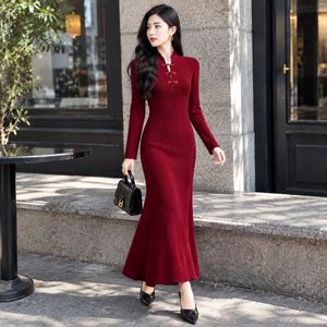 Women's Red Knitted Midi Sweater <b>Dress</b> Long Sleeve Mandarin Collar Fit And Flare Asymmetric Chinese Style Autumn Wear - Product Image 2