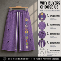 Shorts de survêtement personnalisés violet délavé à l'acide 320 g/m² avec lettres appliquées, ourlet brut vieilli et trous déchirés, style streetwear OEM ODM