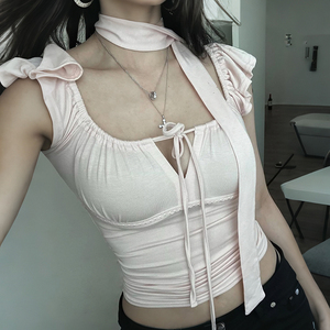 Sweet Square Collar Feminine <b>Top</b> with <b>Tie</b> <b>Waist</b> & Puff Sleeves-Solid Color Summer Knitted Digital Printing Elegant Blouse - Product Image 5