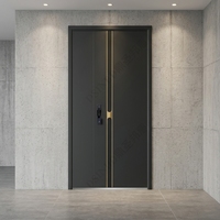 Porte d'entrée battante moderne en acier galvanisé texturé vertical avec serrure intelligente à empreinte digitale, anti-effraction et insonorisée pour usage résidentiel