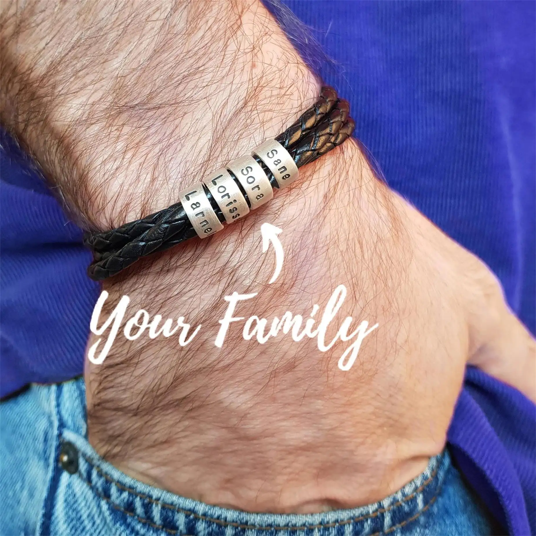 Personalized Mens Women Black Braid Leather Custom Name Bracelet, Family Inspirational ID Bead Bracelet Engraved Bracelets*
