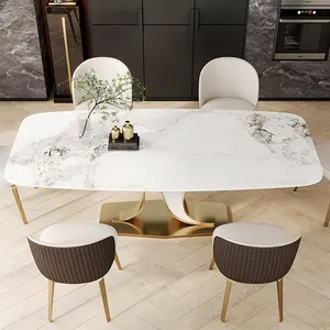 Tavolo da pranzo con gambe in acciaio inossidabile con sedie set da pranzo set tavolo da pranzo moderno in metallo con piano in pietra di marmo di lusso