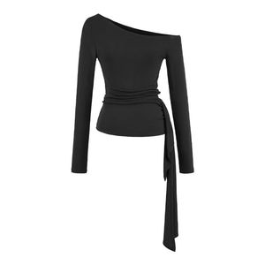 T-shirt décontracté en coton respirant à manches longues pour adulte, avec épaules asymétriques et taille cintrée, design élégant, teinture unie - Product Image 4